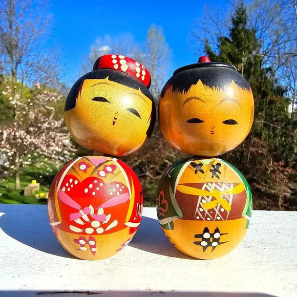 VTG Japanese Bobble Heads KOKESHI Wood Dolls Toys Hand Painted Kimono Craft - Picture 3 of 14